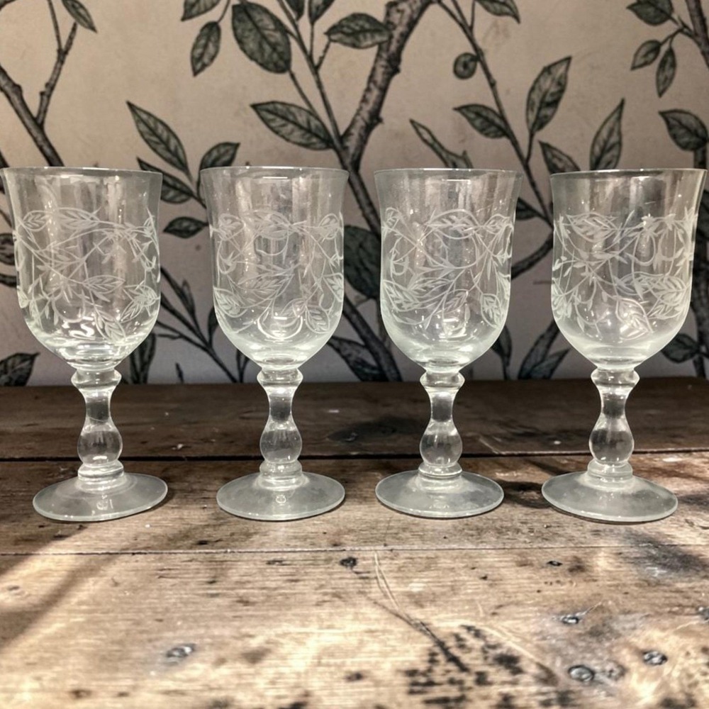 Etched Leaf & Branches Water Goblets, Set of 4, Vintage Stemware, Clear Glasses
